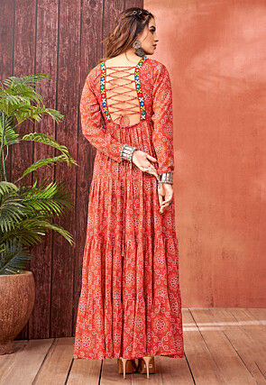 Bandhej Printed Georgette Tiered Gown in Orange