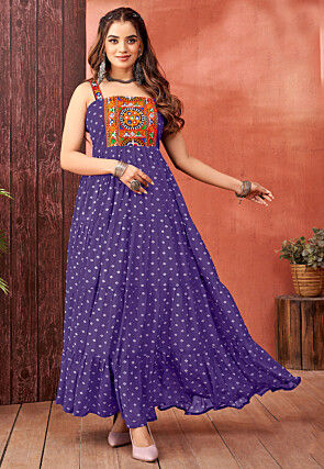 Bandhej Printed Georgette Tiered Gown in Purple