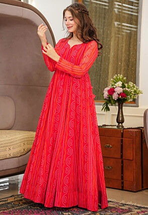 Bandhej Printed Georgette Gown in Red