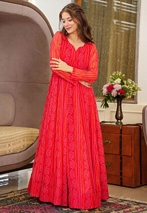 Bandhej Printed Georgette Gown in Red