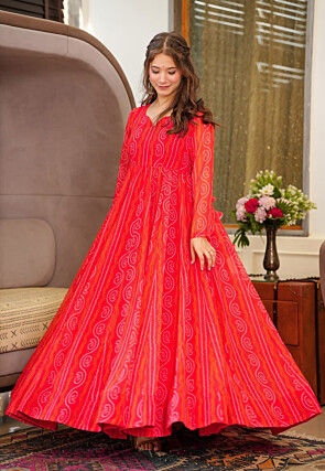 Bandhej Printed Georgette Gown in Red