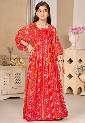 Bandhej Printed Georgette Gown in Red