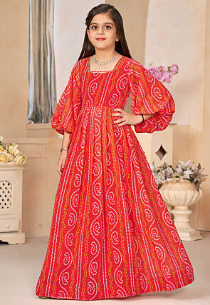 Bandhej Printed Georgette Gown in Red