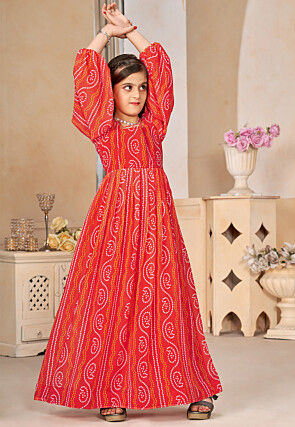 Bandhej Printed Georgette Gown in Red