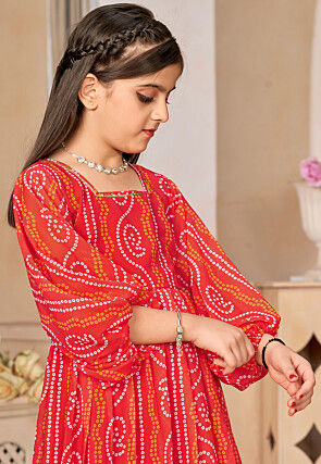 Bandhej Printed Georgette Gown in Red