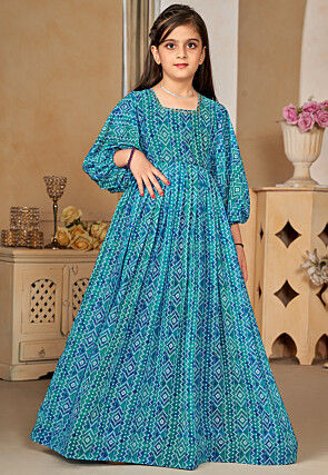 Bandhej Printed Georgette Gown in Teal Blue