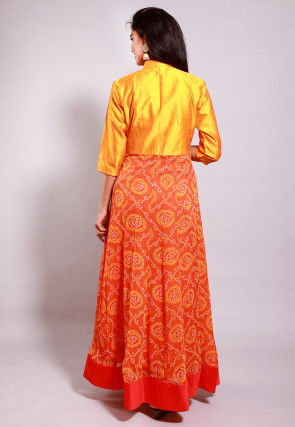 Bandhej Printed Georgette Kurta Set in Orange and Mustard