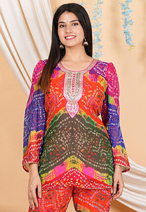 Bandhej Printed Georgette Kurti in Multicolor