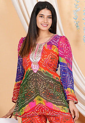 Bandhej Printed Georgette Kurti in Multicolor