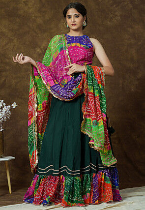 Bandhej Printed Georgette Lehenga in Dark Green