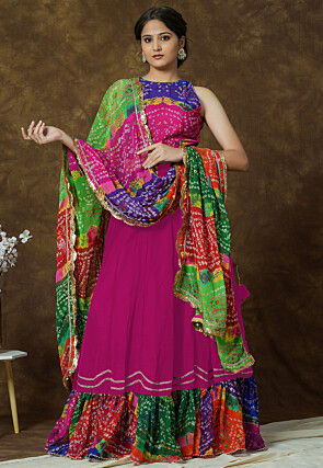 Bandhej Printed Georgette Lehenga in Fuchsia