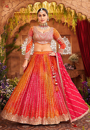 Bandhej Printed Georgette Lehenga in Multicolor