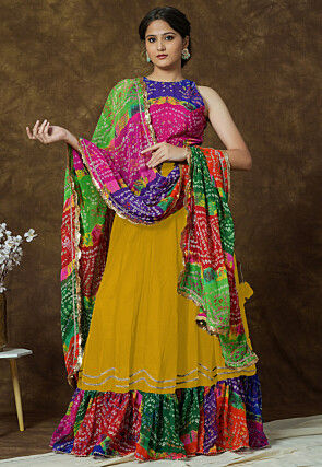 Bandhej Printed Georgette Lehenga in Mustard