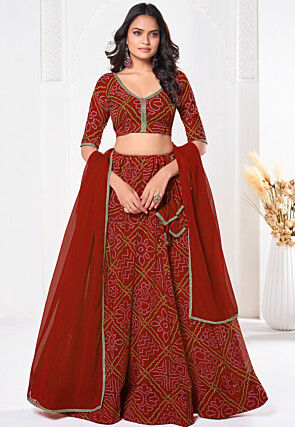 Bandhej Printed Georgette Lehenga in Red