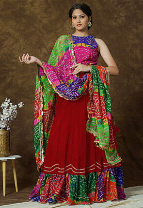 Bandhej Printed Georgette Lehenga in Red
