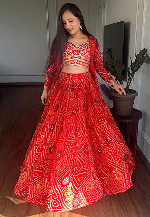 Bandhej Printed Georgette Lehenga in Red