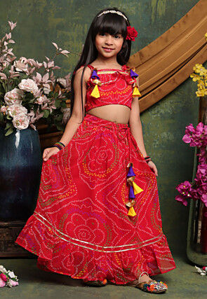 Bandhej Printed Georgette Lehenga in Red