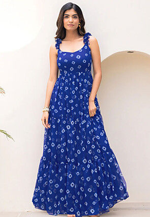 Bandhej Printed Georgette Maxi Dress in Blue