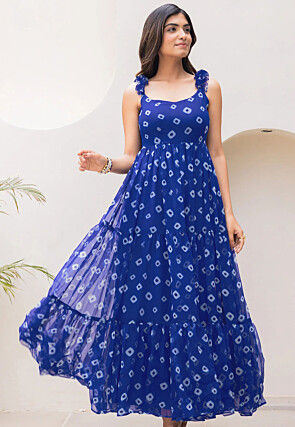 Bandhej Printed Georgette Maxi Dress in Blue