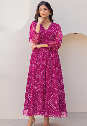 Bandhej Printed Georgette Maxi Dress in Purple
