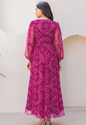 Bandhej Printed Georgette Maxi Dress in Purple