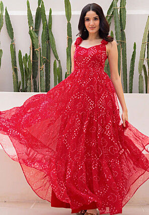 Bandhej Printed Georgette Maxi Dress in Red