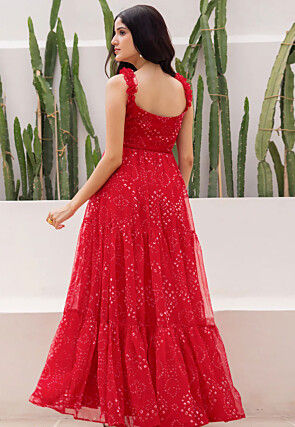 Bandhej Printed Georgette Maxi Dress in Red