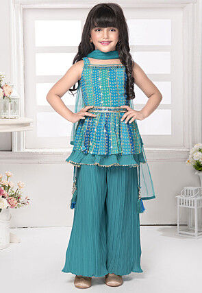 Bandhej Printed Georgette Pakistani Suit in Blue and Green