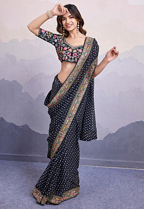 Bandhej Printed Georgette Saree in Black