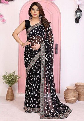 Bandhej Printed Georgette Saree in Black