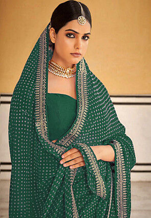Bandhej Printed Georgette Saree in Dark Green