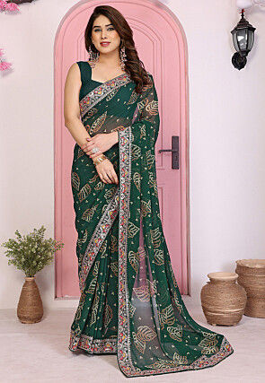 Bandhej Printed Georgette Saree in Dark Green