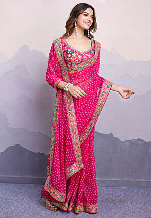 Bandhej Printed Georgette Saree in Fuchsia