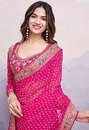 Bandhej Printed Georgette Saree in Fuchsia