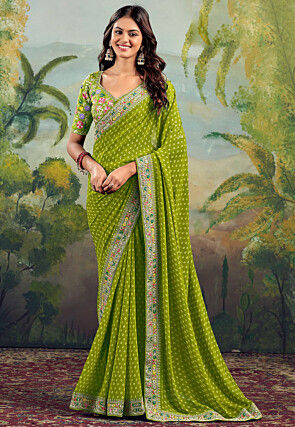 Bandhej Printed Georgette Saree in Light Green