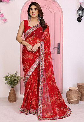 Bandhej Printed Georgette Saree in Maroon