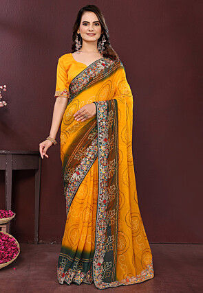 Bandhej Printed Georgette Saree in Mustard and Dark Green
