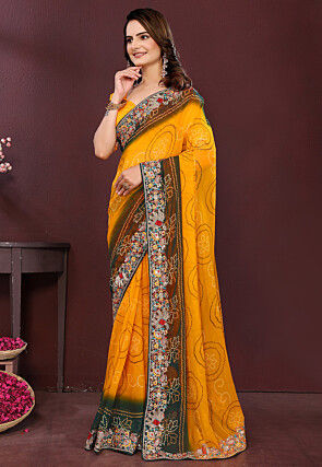 Bandhej Printed Georgette Saree in Mustard and Dark Green