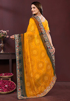 Bandhej Printed Georgette Saree in Mustard and Dark Green