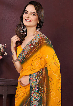 Bandhej Printed Georgette Saree in Mustard and Dark Green