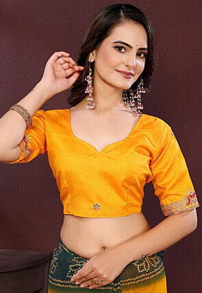 Bandhej Printed Georgette Saree in Mustard and Dark Green