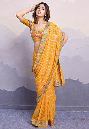 Bandhej Printed Georgette Saree in Mustard