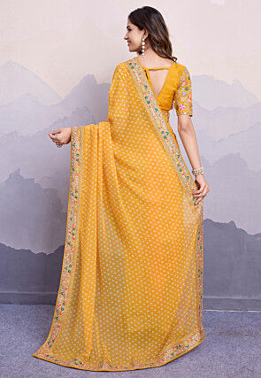 Bandhej Printed Georgette Saree in Mustard
