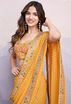 Bandhej Printed Georgette Saree in Mustard