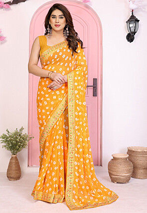 Bandhej Printed Georgette Saree in Mustard