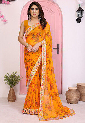 Bandhej Printed Georgette Saree in Mustard