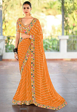 Bandhej Printed Georgette Saree in Mustard