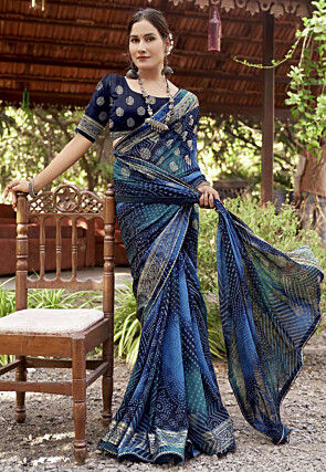 Bandhej Printed Georgette Saree in Navy Blue