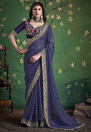 Bandhej Printed Georgette Saree in Navy Blue