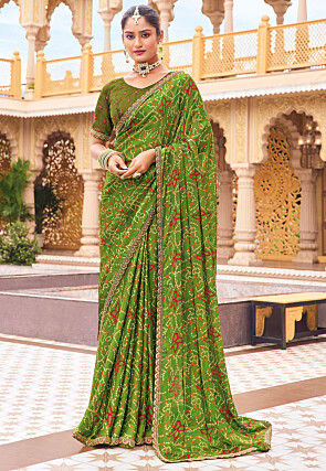 Bandhej Printed Georgette Saree in Olive Green
